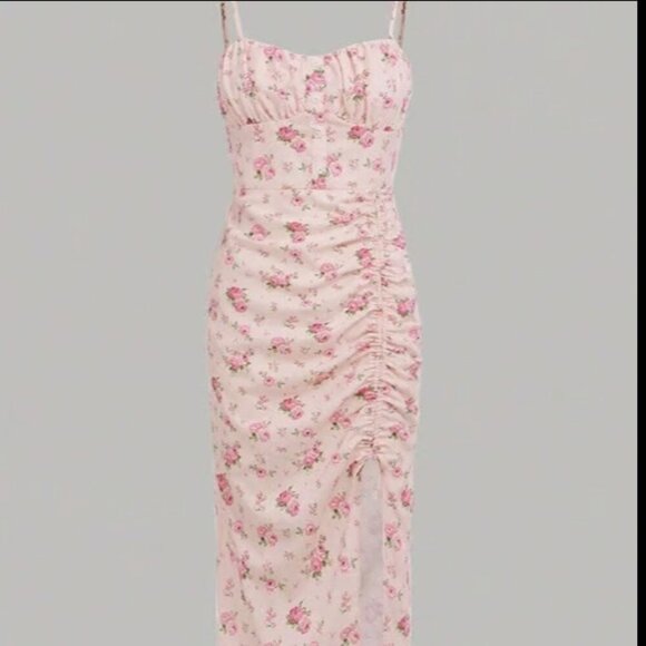 Sz.S*SHEIN*Pink Drawstring Split-Thigh Floral-Print Cami Dress - Picture 1 of 9
